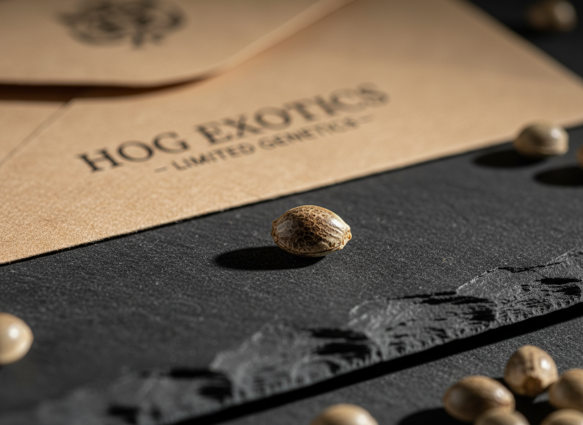 A cinematic, photographic realism image of a single rare cannabis seed resting in the center of a matte charcoal slate tile. The seed’s shell is intricately patterned in mottled shades of brown and cream, with a slight glossy sheen catching the light. Around it, slightly out of focus, are blurred hints of other seeds and a folded, unbranded kraft envelope labeled with minimal, elegant typography. Soft, directional studio lighting from the upper right creates a dramatic yet refined shadow, emphasizing the seed’s form and texture. Shot at a low, macro-level angle with an ultra-shallow depth of field, the composition feels luxurious, scientific, and reverent, highlighting the rarity and genetic exclusivity of Hog Exotics’ offerings.