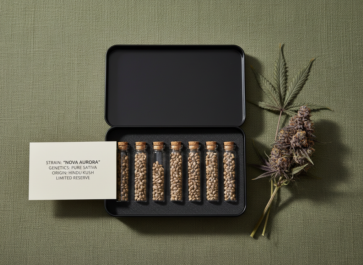 A premium packaging flat-lay in photographic realism, featuring an unbranded, matte black seed tin slightly open to reveal neatly nested vials of rare cannabis seeds. The tin rests on a muted olive-green background with a subtle fabric texture, accented by a sprig of dried cannabis flower and a single, perfectly cured bud with violet highlights. A slim, cream-colored info card with minimalist, high-end typography lies partially under the tin, suggesting strain details and origin. Soft, diffused top lighting produces gentle, sophisticated shadows and delicate highlights along the metal edges. Shot overhead with clean, negative space and a balanced, editorial composition, the overall feeling is luxurious, exclusive, and tailored to discerning collectors of rare genetics.
