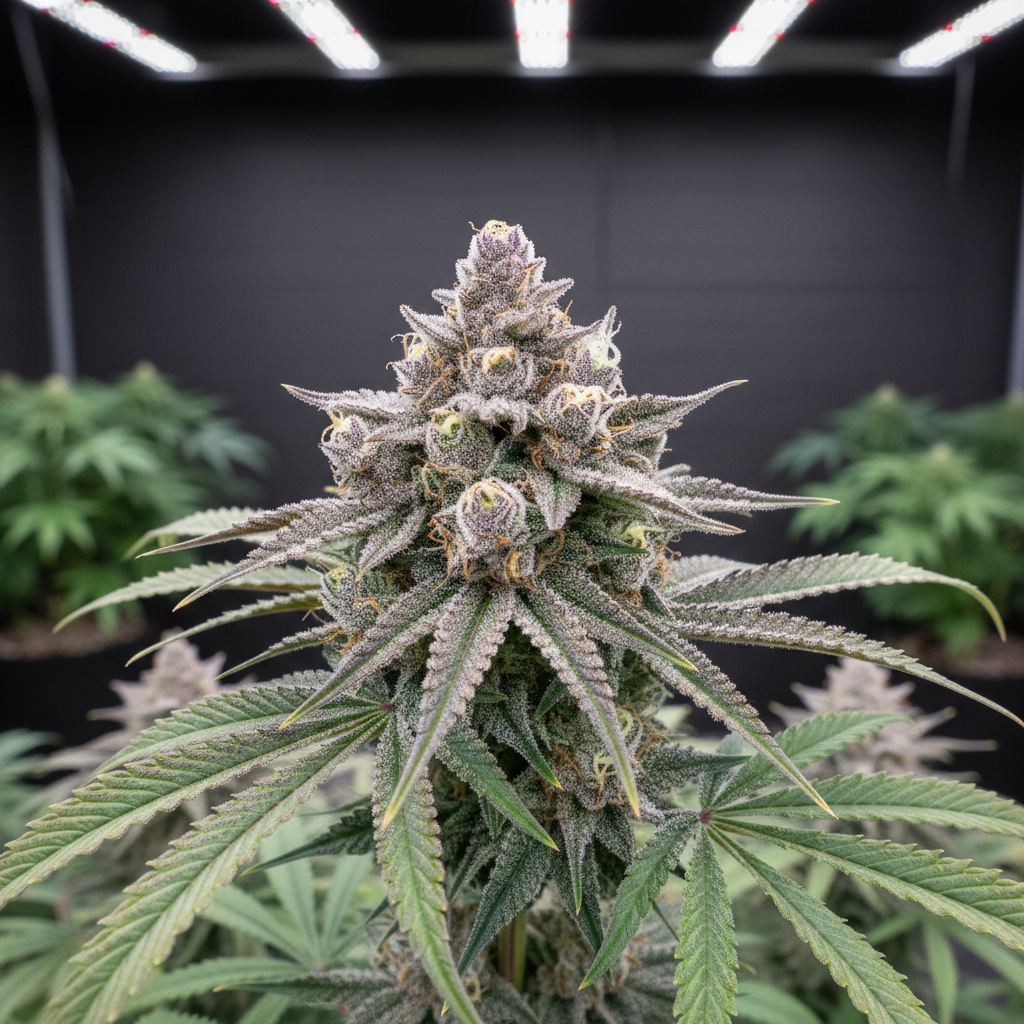 A close-up, photographic realism shot of a dense, glistening cannabis cola with deep emerald and violet hues, frosted with thick, milky trichomes that sparkle like sugar. The bud is still on the living plant, framed by healthy, broad green leaves with visible veins and matte texture. It stands in a boutique indoor grow room lined with matte-black walls and a few blurred planters in the background. Soft, diffused full-spectrum grow lights cast a cool white glow, creating gentle highlights on resin heads and subtle shadows between calyxes. Captured at eye level with a shallow depth of field and elegant, minimalist composition, the mood is sophisticated, clean, and artisanal, emphasizing small-batch quality and rare genetics.