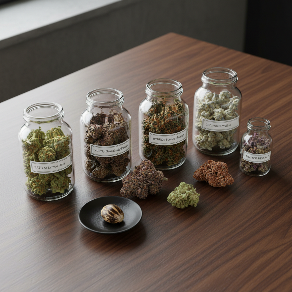 An overhead photographic realism view of a curated selection of labeled glass jars filled with distinct, small-batch cannabis flower, each with unique color profiles from lime green to deep purples and rust-orange pistils. The jars rest on a smooth, dark walnut table with a satin finish, subtle wood grain running diagonally. Between the jars lie a few carefully arranged, organically grown buds and a single, beautifully marbled cannabis seed on a black ceramic dish. Soft window light from the left creates gentle reflections on the glass and refined shadows, suggesting a calm showroom environment. The composition follows the rule of thirds with a restrained, modern aesthetic, evoking exclusivity, precision, and connoisseurship.